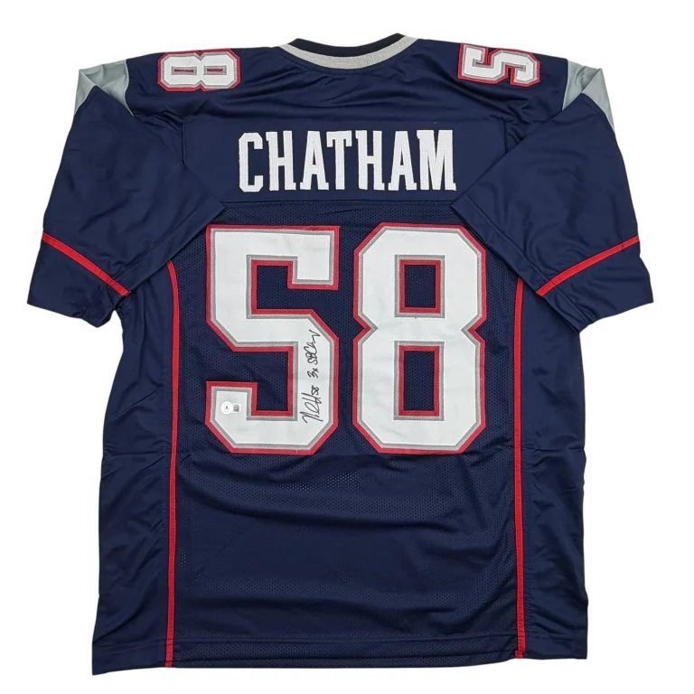Autographed/Signed Matt Chatham 3x SB Champ New England Blue Jersey Beckett COA
