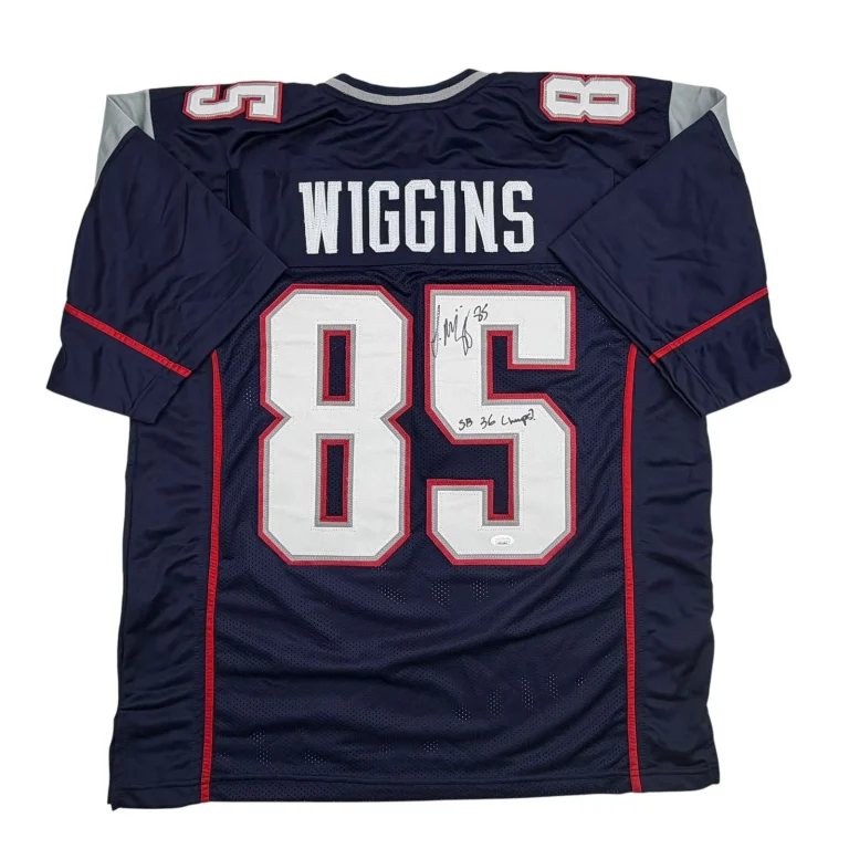 Autographed/Signed Jermaine Wiggins SB 36 Champs New England Blue Jersey JSA COA