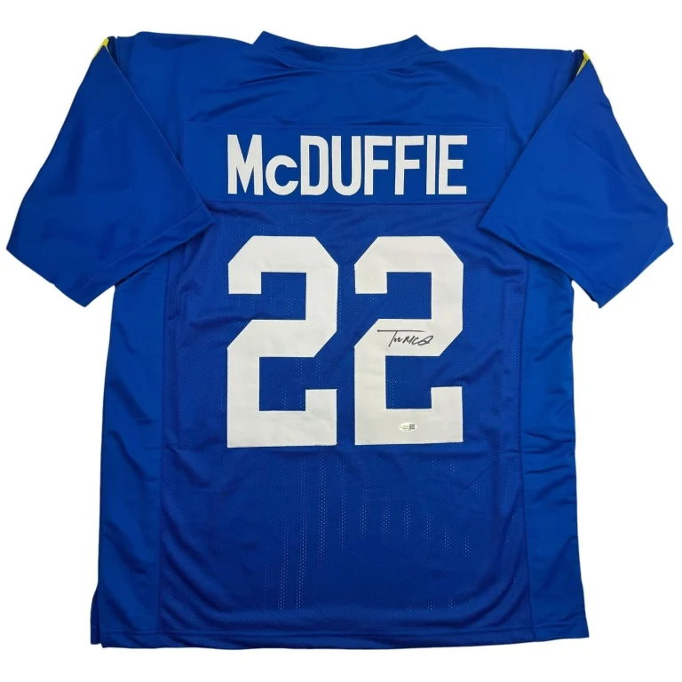 Autographed/Signed Trent McDuffie Los Angeles LA Blue Football Jersey BAS COA