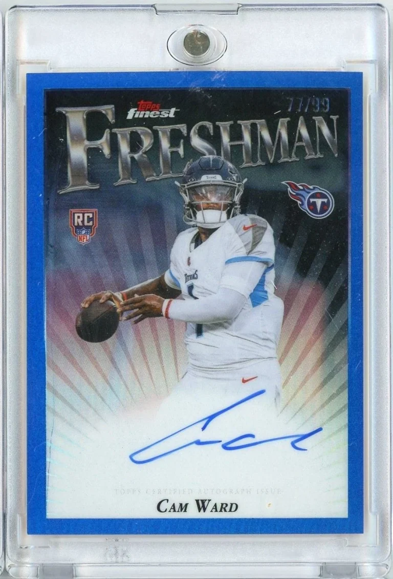 2025 Topps Finest Freshman Cam Ward FFACW /99 Blue Ref Auto RC Football Card
