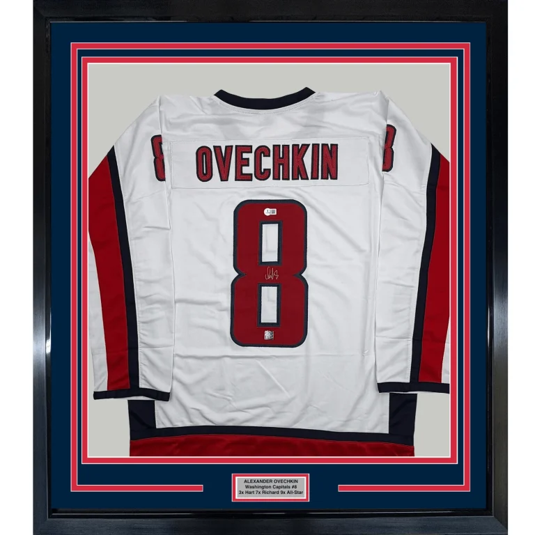 Framed Autographed Alexander Alex Ovechkin 35x39 Washington White Jersey BAS COA