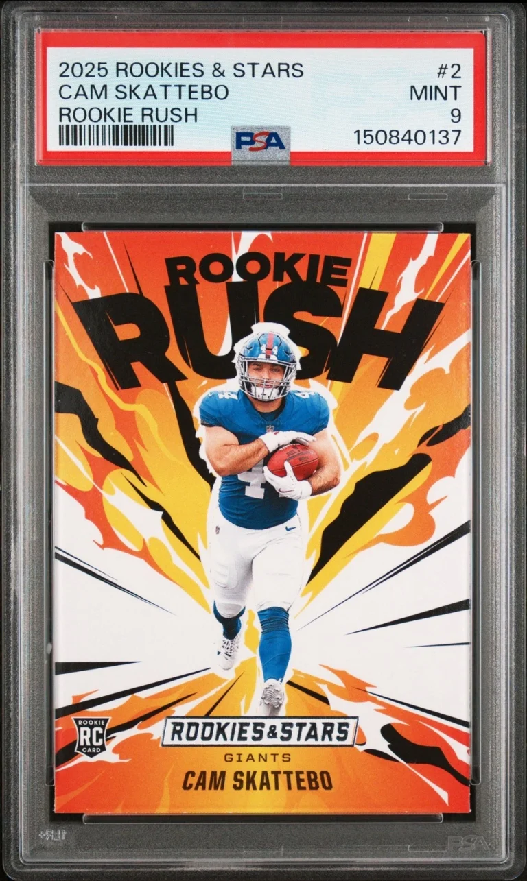 Graded 2025 Panini R&S Cam Skattebo #2 Rookie Rush RC Football Card PSA 9