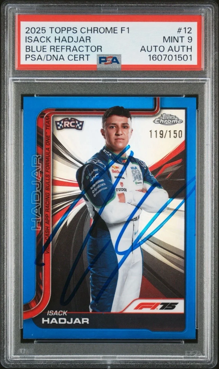2025 Topps Chrome F1 #12 Isack Hadjar Blue Refractor Rookie Auto /150 PSA MINT 9