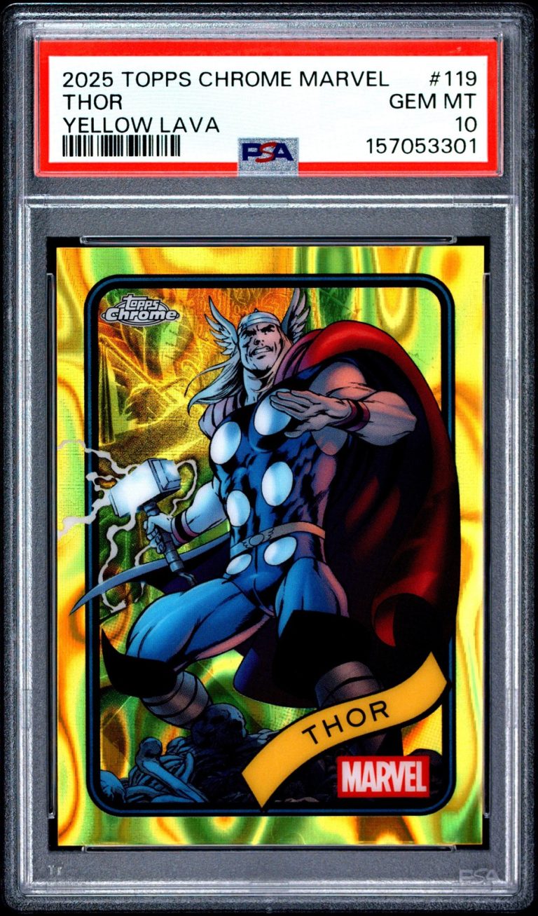 Graded 2025 Topps Chrome Marvel Thor #119 Yellow Lava Card PSA 10 Gem Mint
