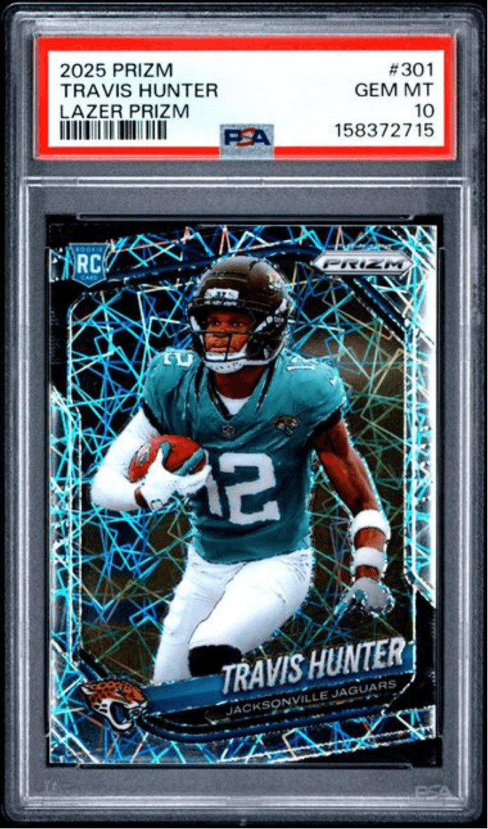 Graded 2025 Panini Prizm Travis Hunter #301 Lazer RC Football Card PSA 10
