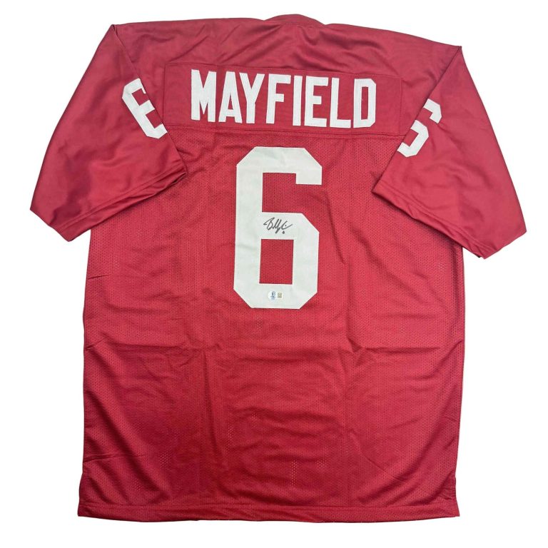 Autographed/Signed Baker Mayfield Oklahoma College Jersey Beckett BAS COA