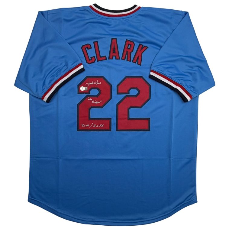 Autographed/Signed Jack Clark St. Louis Blue Baseball Jersey Beckett COA