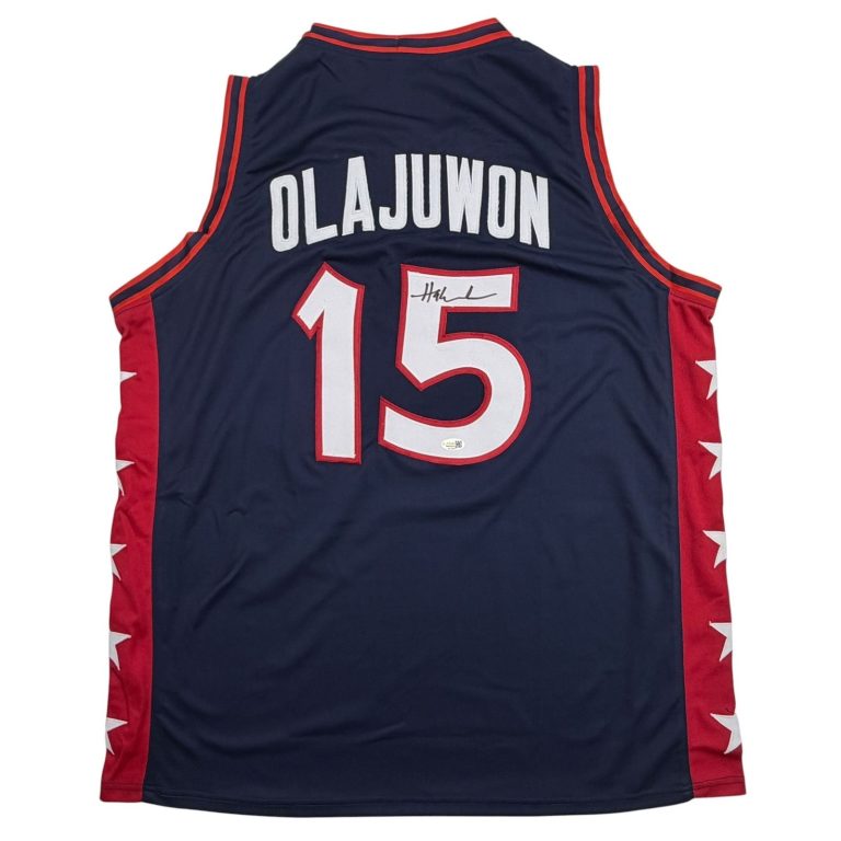 Autographed/Signed Hakeem Olajuwon United States USA Blue Jersey JSA COA