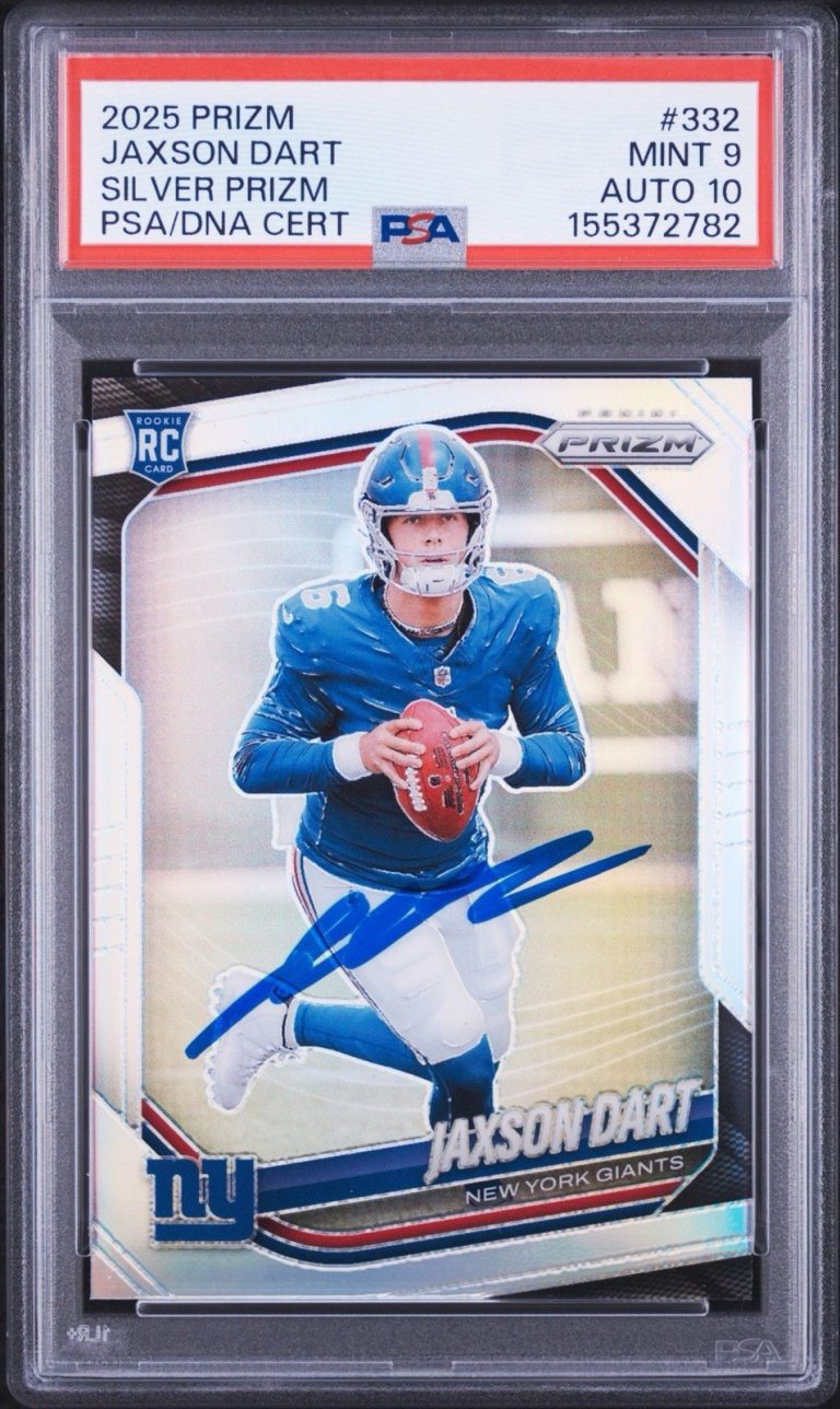 2025 Panini Prizm #332 Jaxson Dart Signed Silver Prizm Rookie Card PSA 9/AUTO 10