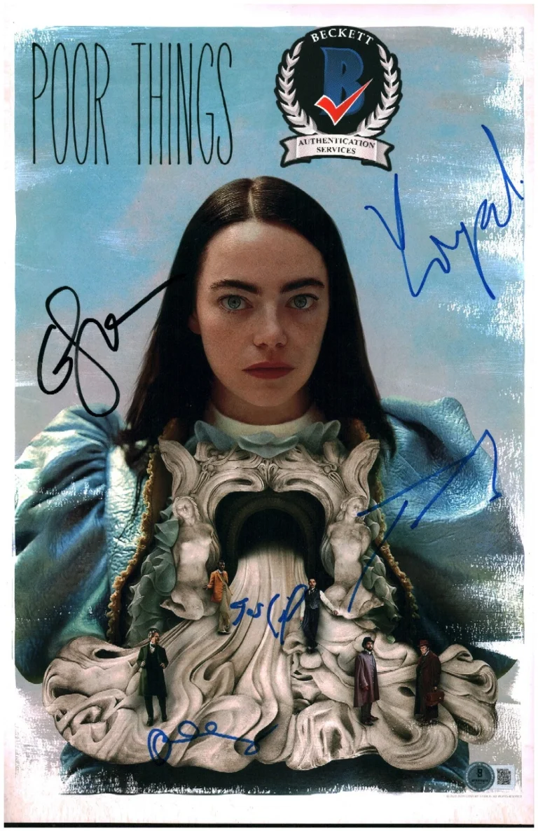 EMMA STONE SIGNED POOR THINGS CAST YORGOS QUALLEY +2 11X17 PHOTO BAS COA LOA