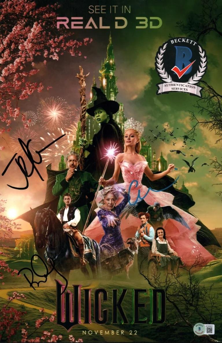 ARIANA GRANDE SIGNED WICKED GLINDA + JON M CHU & BOWEN YANG 11X17 PHOTO BAS COA