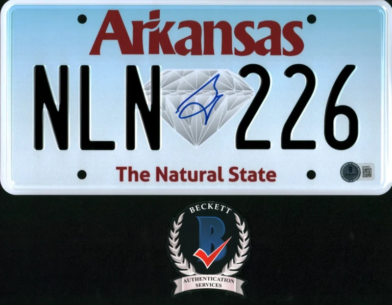 GLENN POWELL SIGNED TWISTERS TYLER OWENS ARKANSAS LICENSE PLATE BECKETT BAS COA