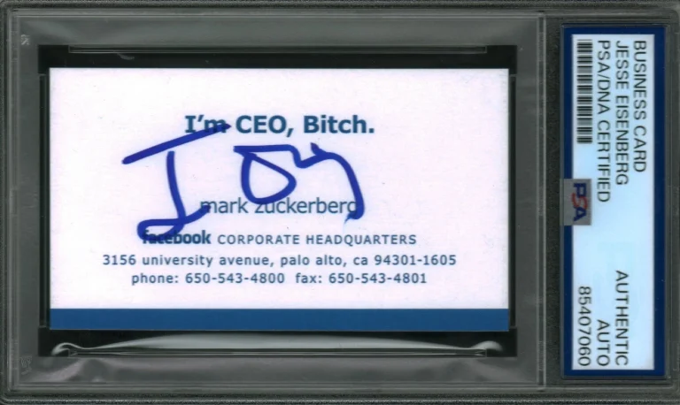 JESSE EISENBERG SIGNED MARK ZUCKERBERG BUSINESS CARD THE SOCIAL NETWORK PSA SLAB
