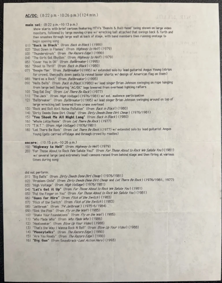 AC/DC Band 1996 Ballbreaker Set List Used