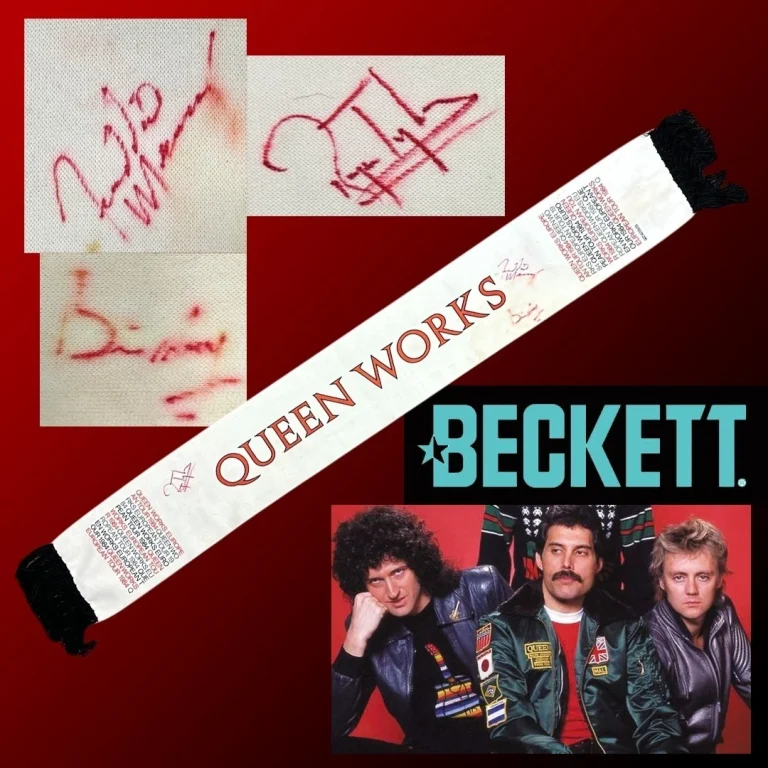 Freddie Mercury Brian May Roger Taylor Signed Works Tour Scarf Queen Beckett