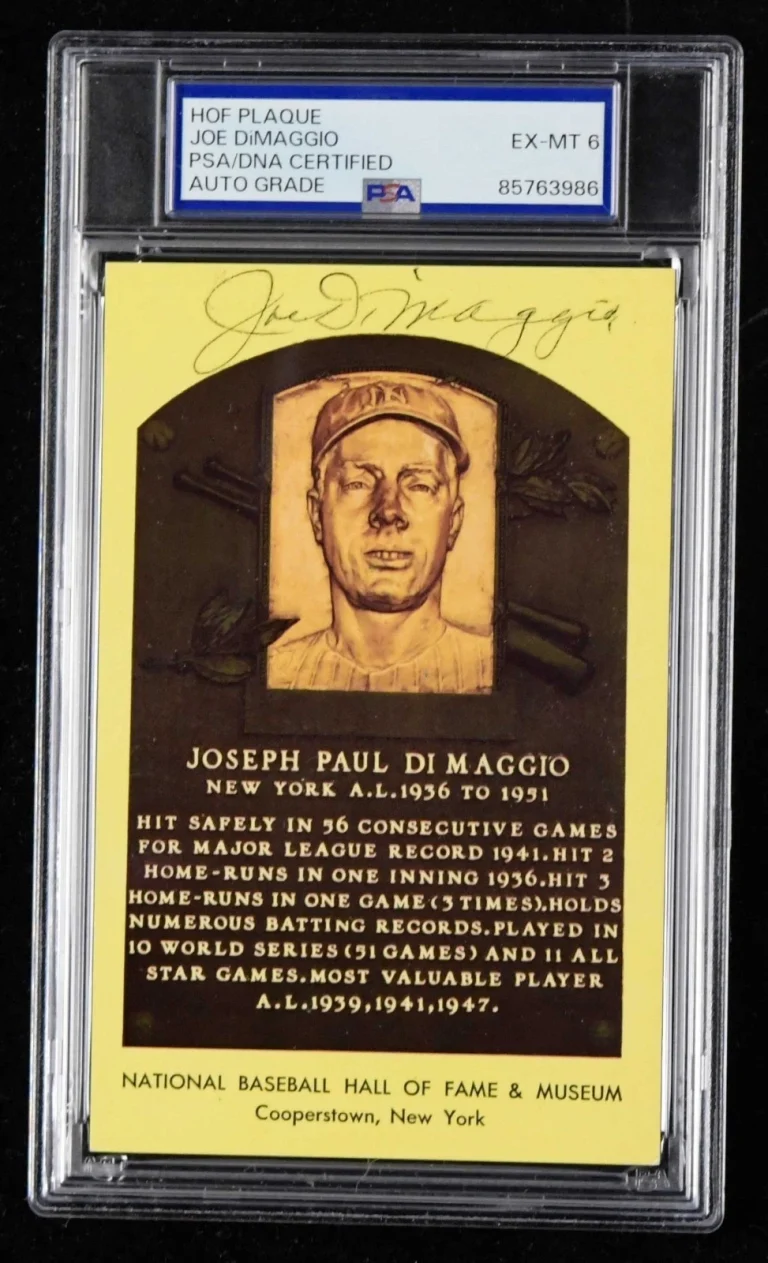 Joe DiMaggio Signed Auto Hall of Fame Yellow Plaque Card PSA DNA EX-MT 6 Yankees