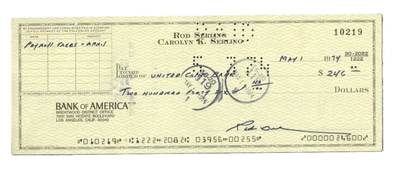 Rod Serling Signed Auto 1974 Bank Check Twilight Zone Near Mint GRAD