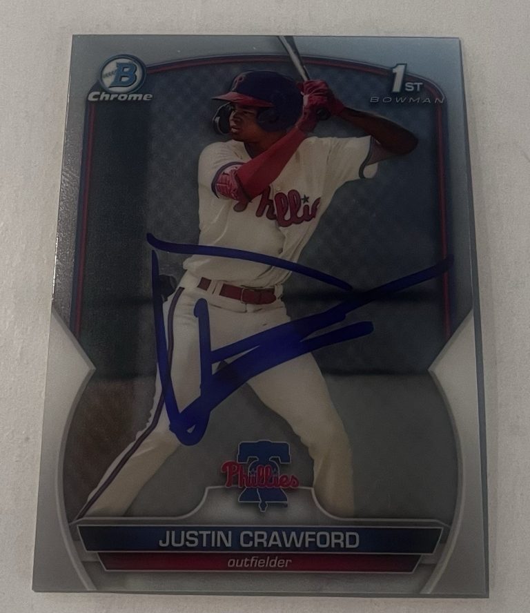 JUSTIN CRAWFORD SIGNED 2023 BOWMAN CHROME PROSPECT BASEBALL CARD AUTO