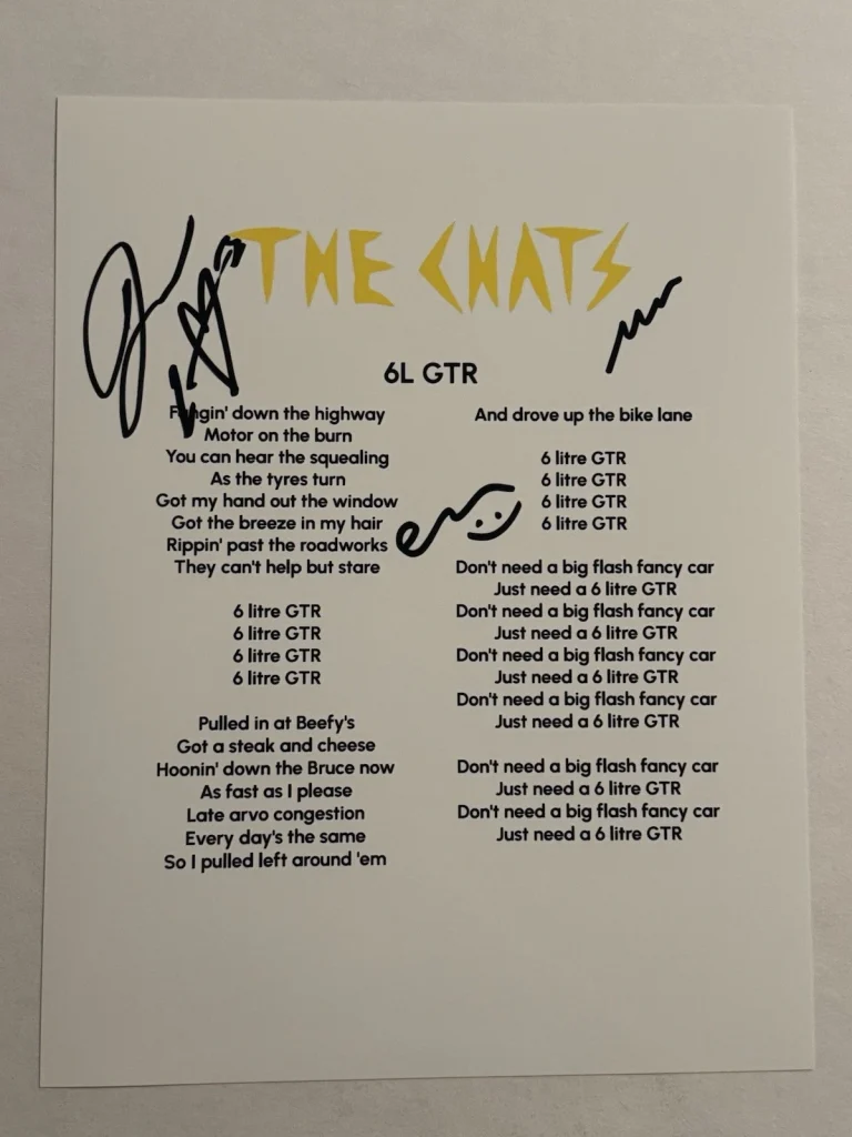 THE CHATS SIGNED LYRIC SHEET FULL BAND AUTOGRAPHED AUSTRALIAN BAND VERY RARE COA