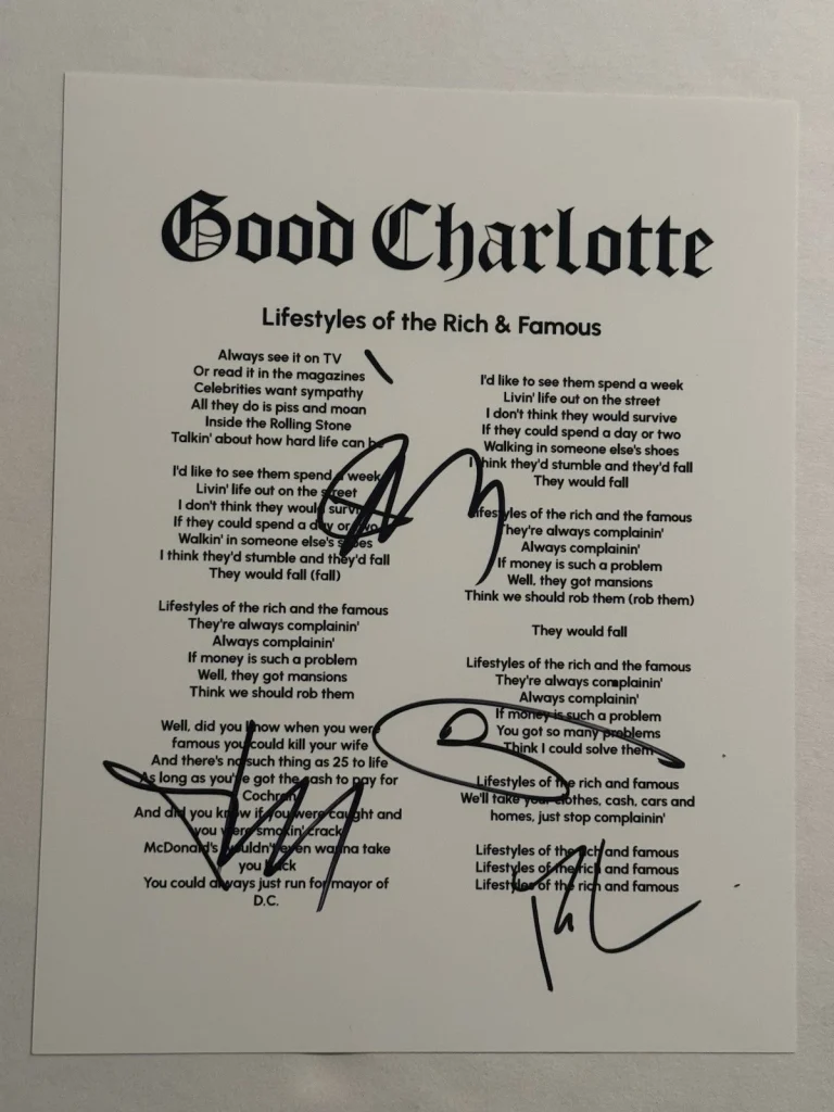 GOOD CHARLOTTE FULL BAND SIGNED LYRIC SHEET AUTOGRAPHED BENJI & JOEL MADDEN COA