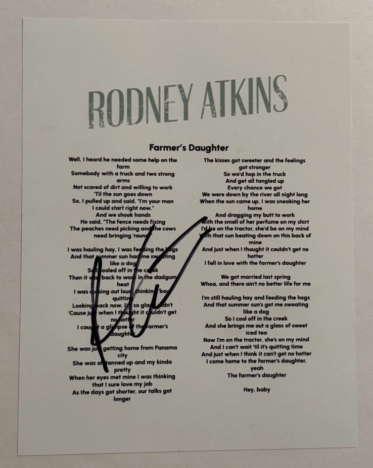 RODNEY ATKINS HAND SIGNED LYRIC SHEET AUTOGRAPHED COUNTRY SINGER RARE COA