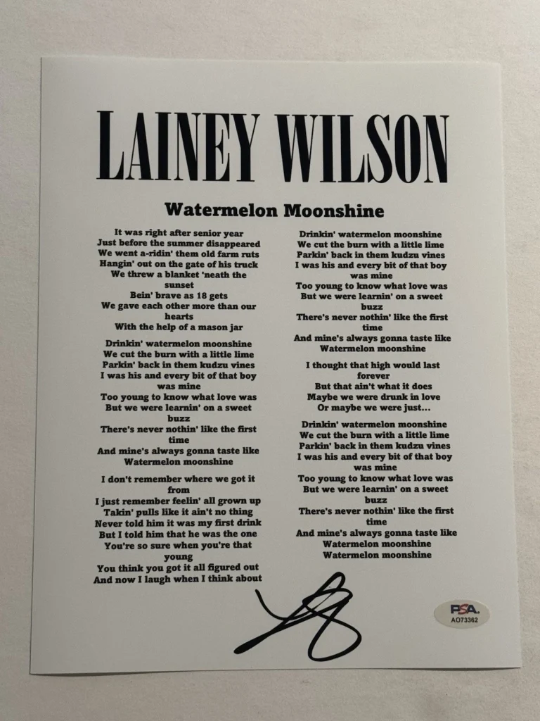LAINEY WILSON SIGNED LYRIC SHEET AUTOGRAPHED HOT COUNTRY MUSIC SINGER PSA COA
