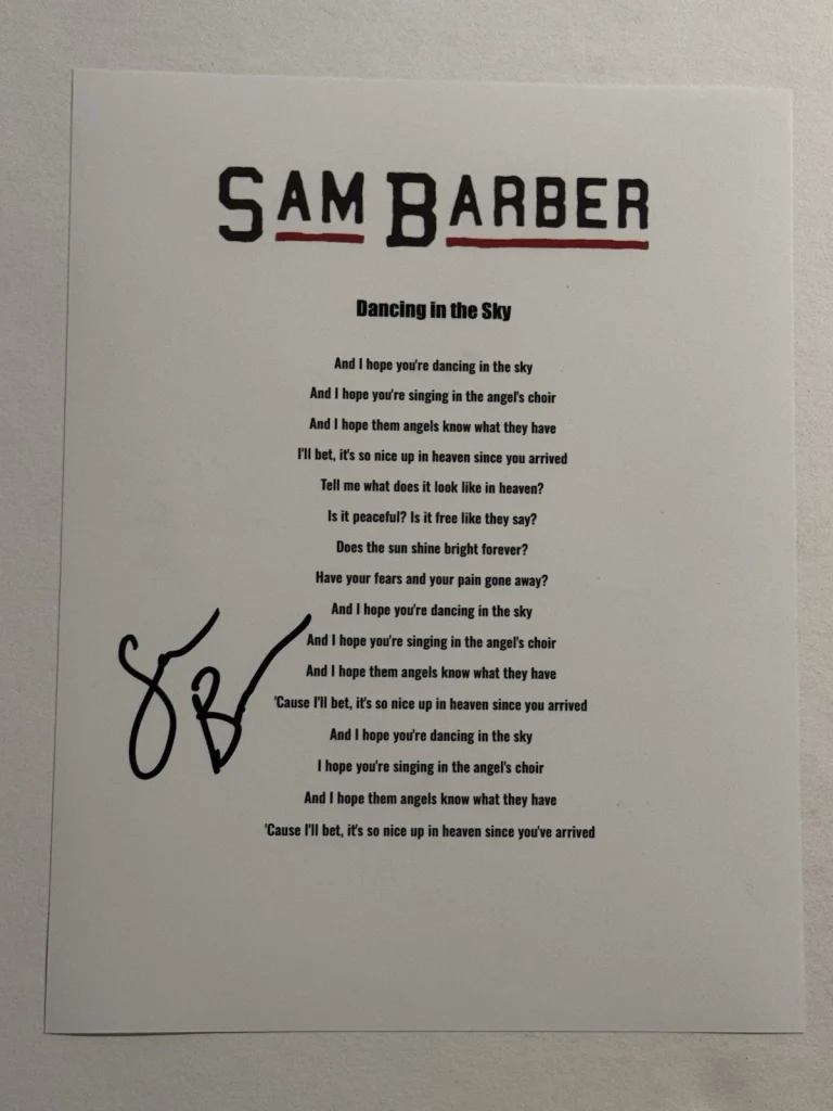 SAM BARBER SIGNED LYRIC SHEET AUTOGRAPHED COUNTRY SINGER RARE COA