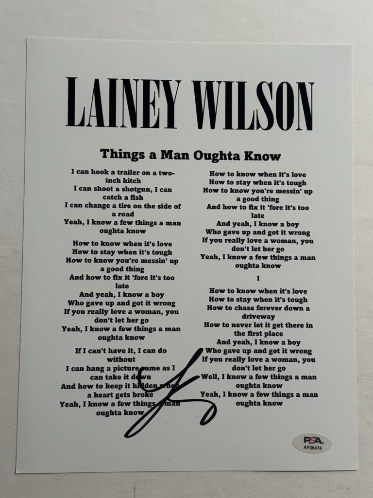 LAINEY WILSON SIGNED LYRIC SHEET AUTOGRAPHED HOT COUNTRY MUSIC SINGER PSA COA