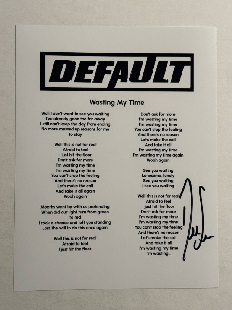 DALLAS SMITH DEFAULT BAND LEAD SINGER SIGNED LYRIC SHEET AUTOGRAPHED RARE COA