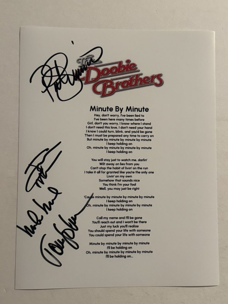 DOOBIE BROTHERS BAND SIGNED LYRIC SHEET AUTOGRAPHED MICHAEL MCDONALD + 3 COA