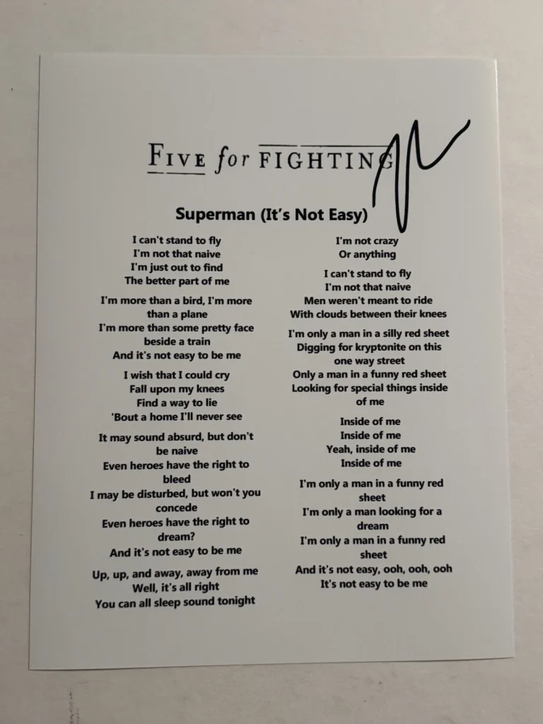 FIVE FOR FIGHTING SIGNED LYRIC SHEET AUTOGRAPHED SINGER RARE JOHN ONDRASIK COA
