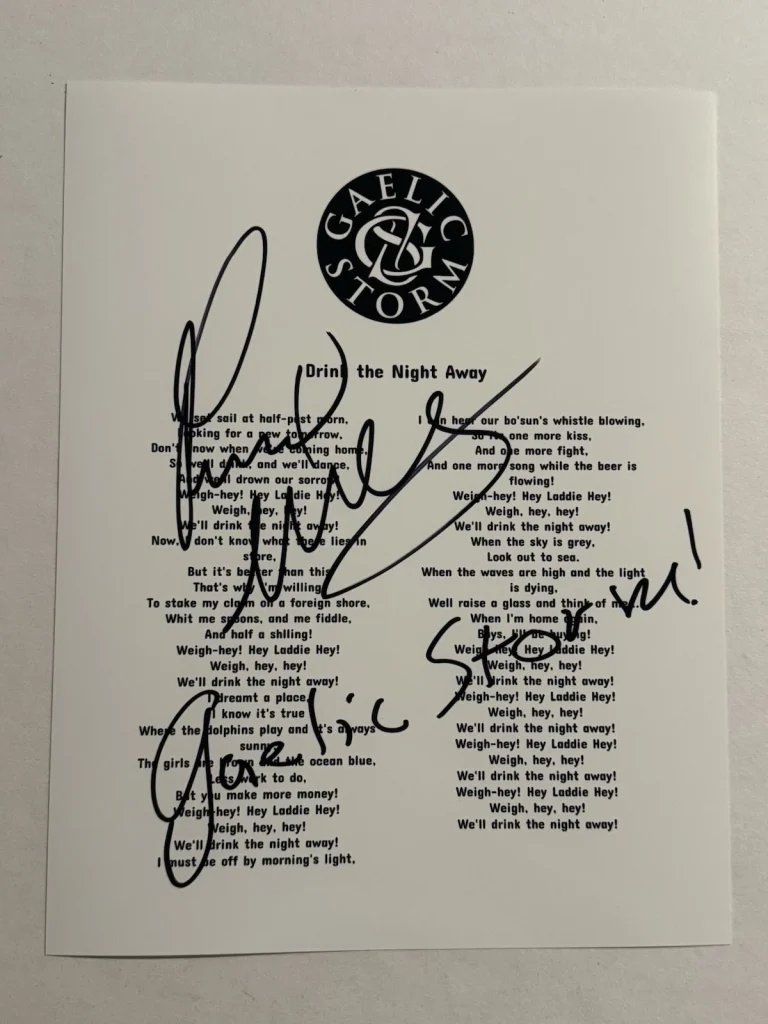 PATRICK MURPHY GAELIC STORM BAND LEAD SINGER SIGNED LYRIC SHEET AUTOGRAPHED COA