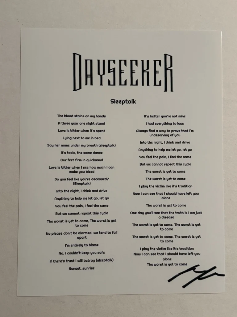 RORY RODRIGUEZ DAYSEEKER BAND LEAD SINGER SIGNED LYRIC SHEET AUTOGRAPHED COA