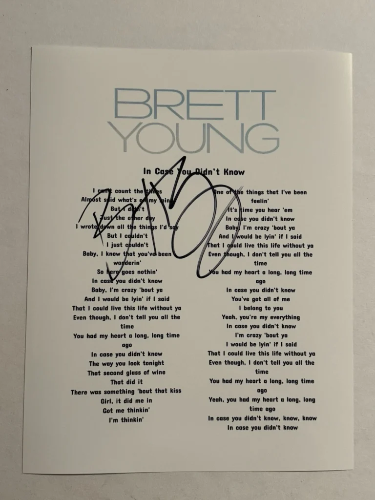 BRETT YOUNG HAND SIGNED LYRIC SHEET AUTOGRAPHED COUNTRY SINGER RARE COA