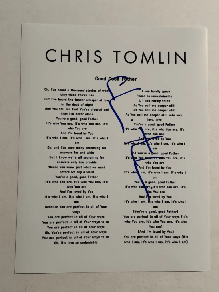 CHRIS TOMLIN SIGNED LYRIC SHEET AUTOGRAPHED CHRISTIAN SINGER VERY RARE COA