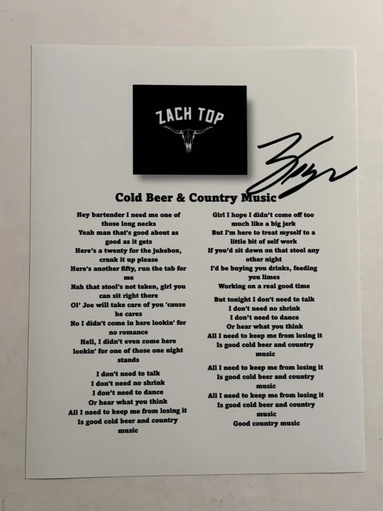 ZACH TOP SIGNED LYRIC SHEET AUTOGRAPHED COUNTRY SINGER STAR VERY RARE COA