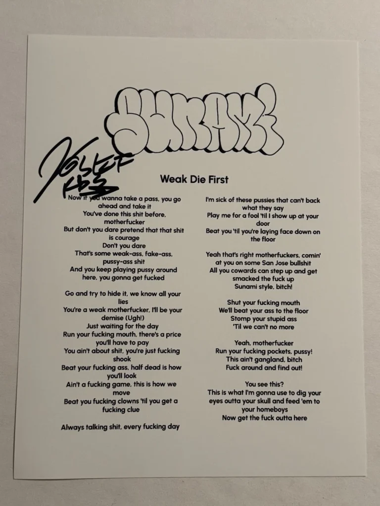 JOSEF ALFONSO SIGNED LYRIC SHEET AUTOGRAPHED SUNAMI BAND LEAD SINGER COA