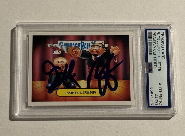 Penn & Teller SIGNED AUTO GPK Painful Penn Spoof 2016 Garbage Pail Kids Card PSA
