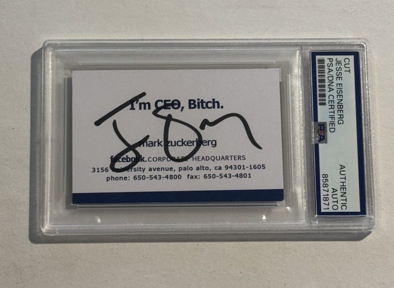 JESSE EISENBERG SIGNED MARK ZUCKERBERG BUSINESS CARD THE SOCIAL NETWORK PSA SLAB