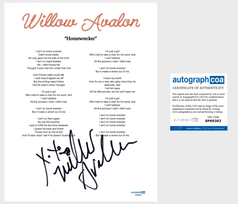 'Willow Avalon' Signed Lyric Sheet 'Homewrecker' Country Singer Autograph ACOA