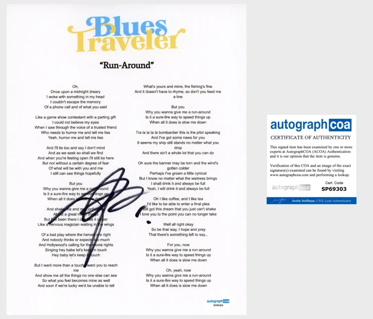 John Popper 'Blues Traveler' Band Signed Lyric Sheet 'Run-Around' ACOA