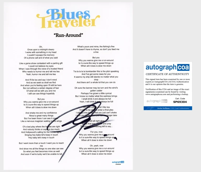 John Popper 'Blues Traveler' Band Signed Lyric Sheet 'Run-Around' ACOA