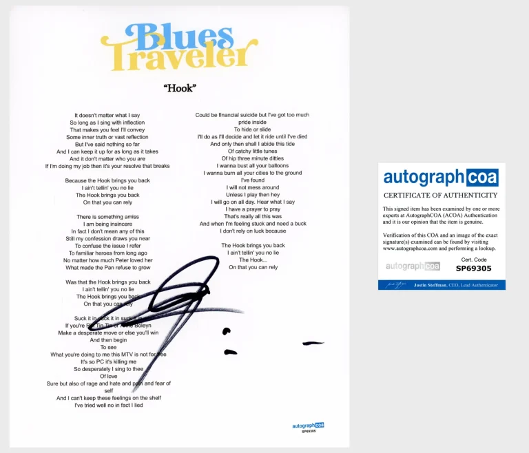 John Popper 'Blues Traveler' Band Signed Lyric Sheet 'Hook' ACOA