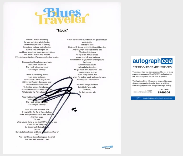 John Popper 'Blues Traveler' Band Signed Lyric Sheet 'Hook' ACOA