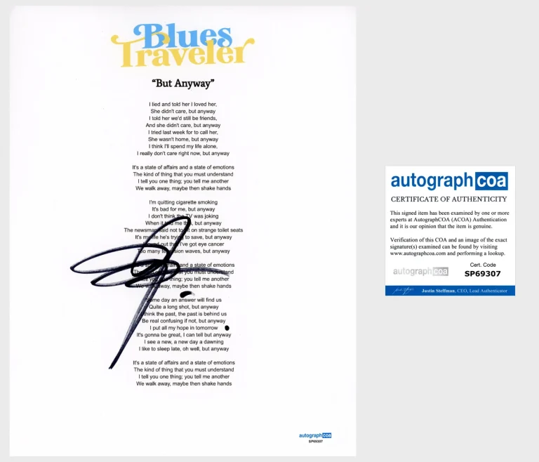 John Popper 'Blues Traveler' Band Signed Lyric Sheet 'But Anyway' ACOA