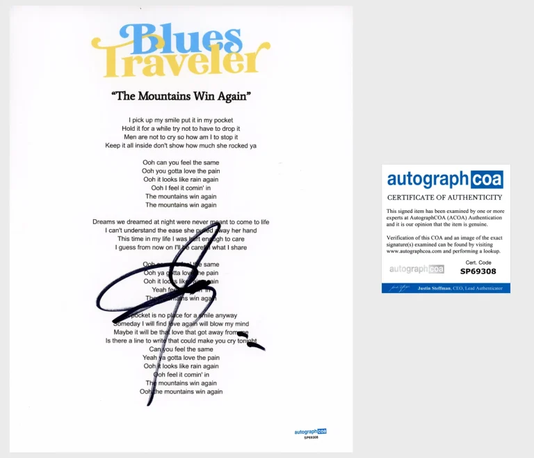 John Popper 'Blues Traveler' Signed Lyric Sheet 'The Mountains Win Again' ACOA
