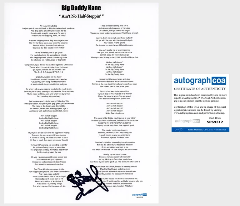 Big Daddy Kane 'Ain't No Half-Steppin' Signed Lyric Sheet Rapper ACOA