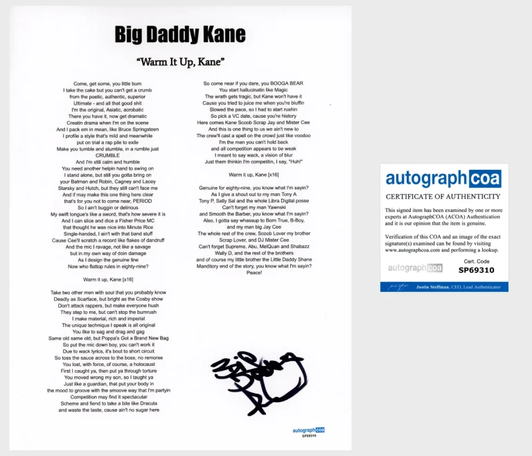 Big Daddy Kane 'Warm It Up, Kane' Signed Lyric Sheet Rapper ACOA