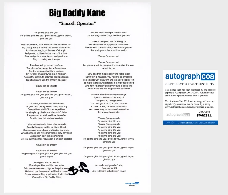 Big Daddy Kane 'Smooth Operator' Signed Lyric Sheet Rapper ACOA