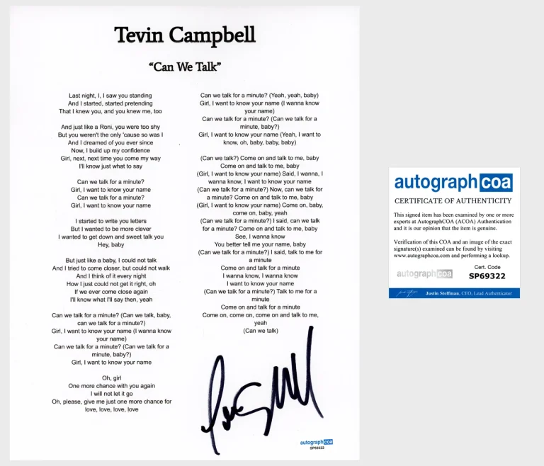Tevin Campbell 'Can We Talk' Signed Lyric Sheet ACOA